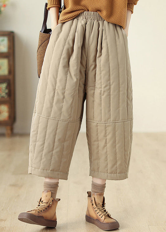 Casual Khaki Pockets Elastic Waist Fine Cotton Filled Crop Pants Winter