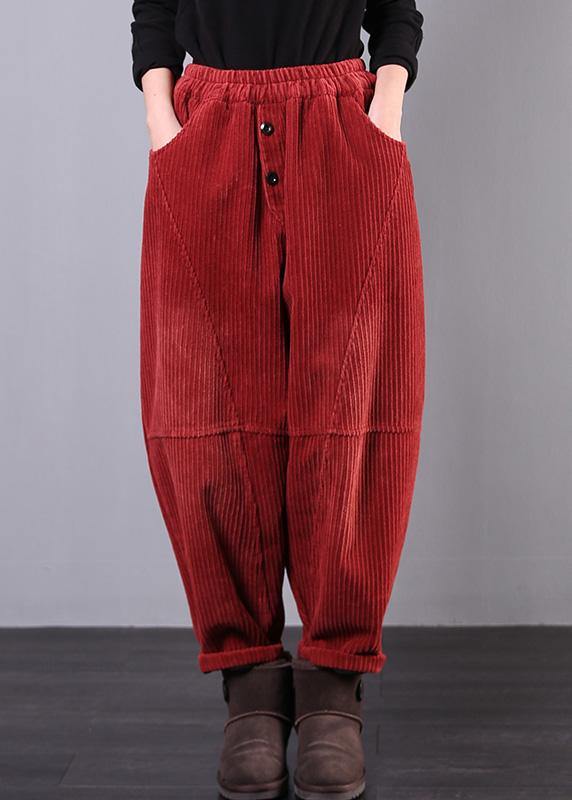 Modern Red Women Pants Oversize Fall Corduroy Pockets Cotton Casual Pants - SooLinen